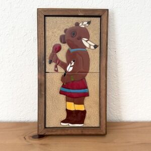 Vtg Kachina Mudhead Art Hopi Native American Indian Hand Painted Tile Framed